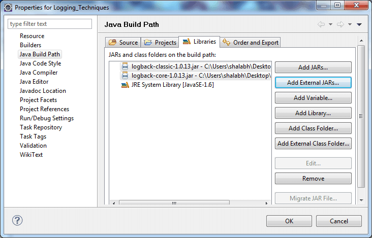 Adding Logback jars to the project